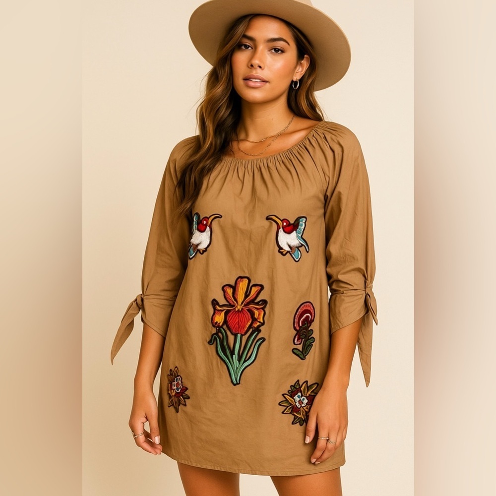 Velzera Gold Embroidered Tunic Dress Floral Birds Boho Peasant Artisan Large